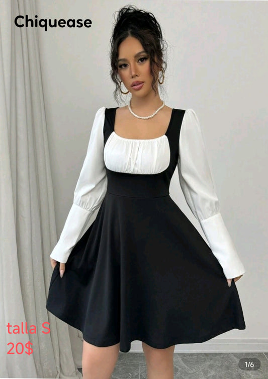 Vestido cuello cuadrado blanco y negro